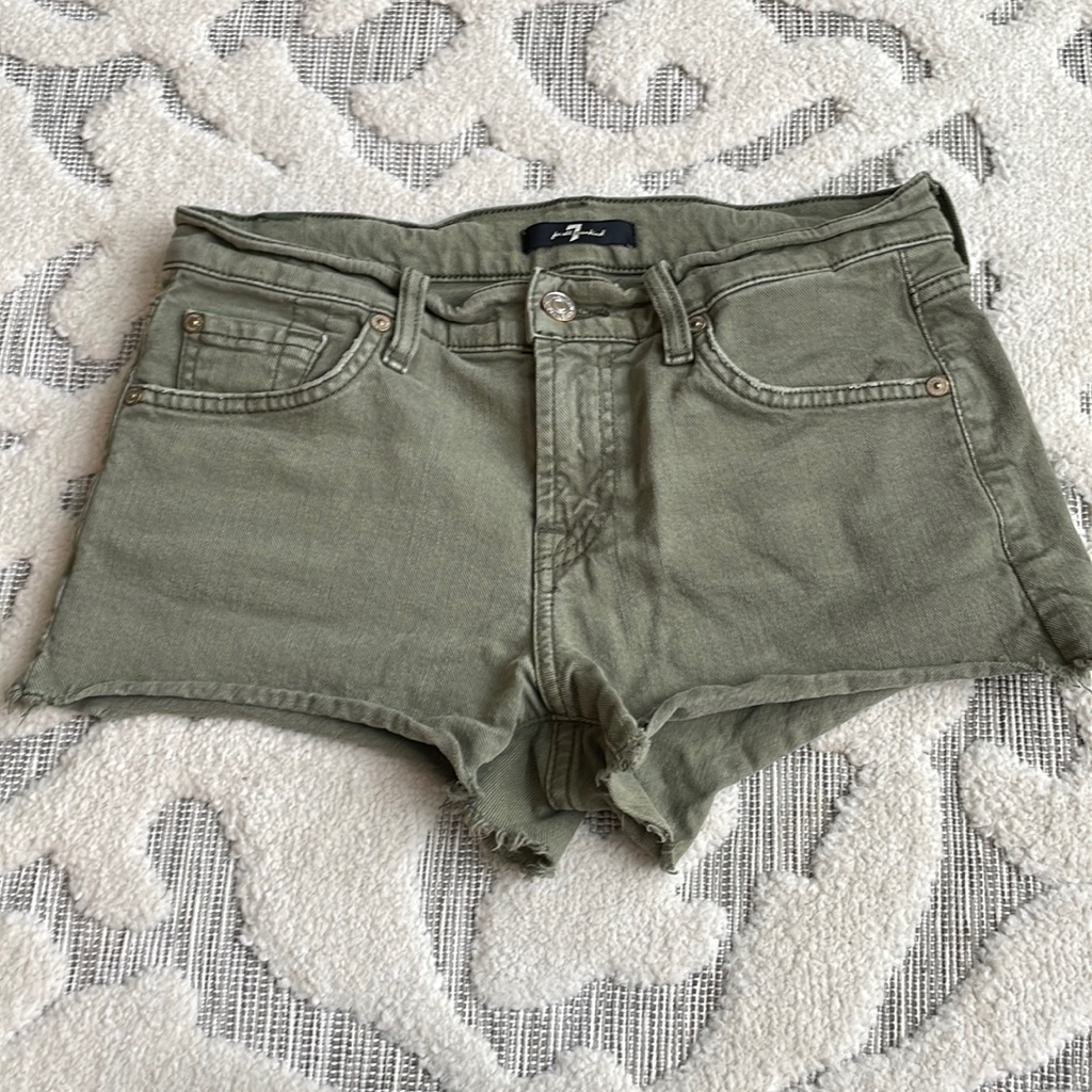 7 For All Mankind Green Mid-Rise Denim Shorts